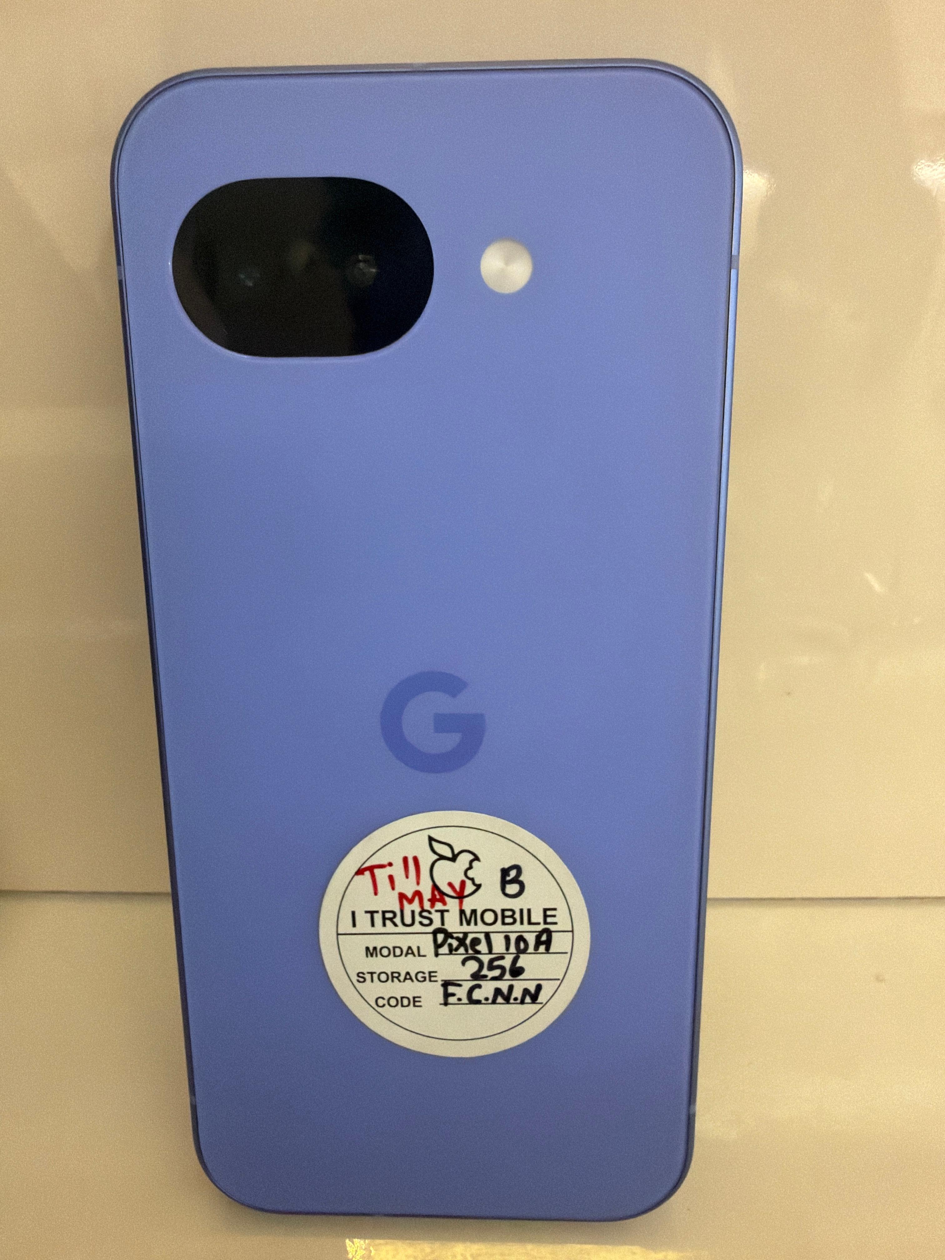 Google Pixel 10a, in Obsidian, showing 6.3 inch · P-OLED, HDR, 120Hz, 2000 nits (HBM), 3000 nits (peak) display – I Trust Mobile
